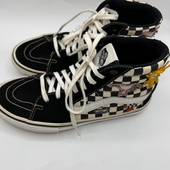 Vans SK8 Hi Pro Skate Shoes Black White Checkerboard Sun Dragon Patches Mens 8.5 - Picture 2 of 12